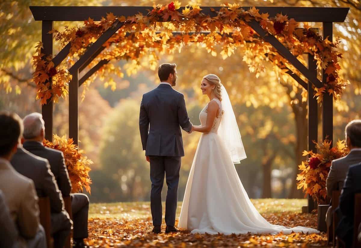 A bride and groom exchange vows under a canopy of autumn leaves, with warm hues of red, orange, and gold surrounding them