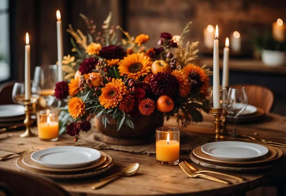 A table adorned with autumnal floral arrangements, featuring rich reds, oranges, and golds, set against a backdrop of rustic wooden decor