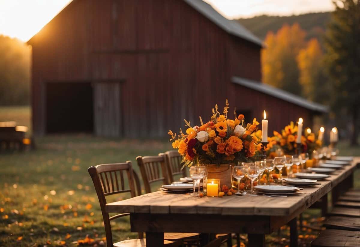 A cozy November wedding scene with warm hues of gold, orange, and red. The sun sets behind a rustic barn, casting a soft glow on the autumn foliage. Tables are adorned with rich floral centerpieces and flickering candlelight