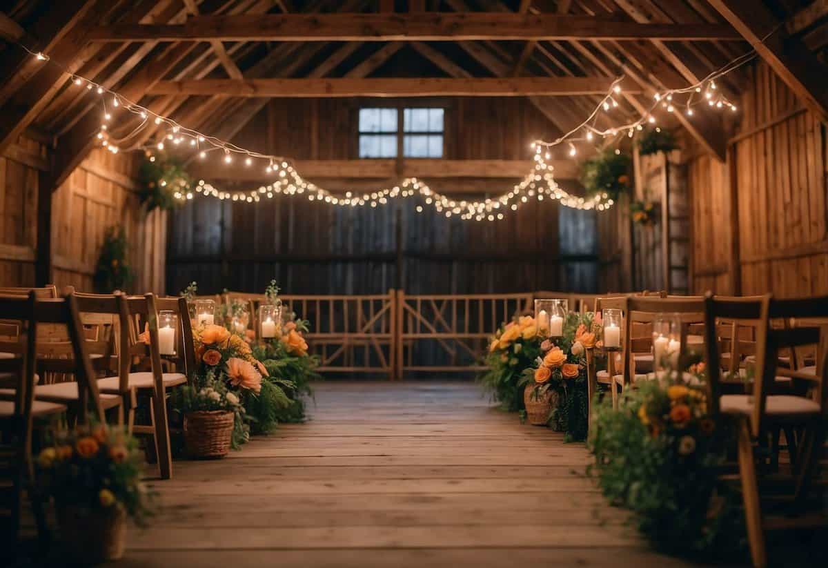 A cozy barn setting with string lights, wooden signage, and autumnal floral arrangements for a November wedding