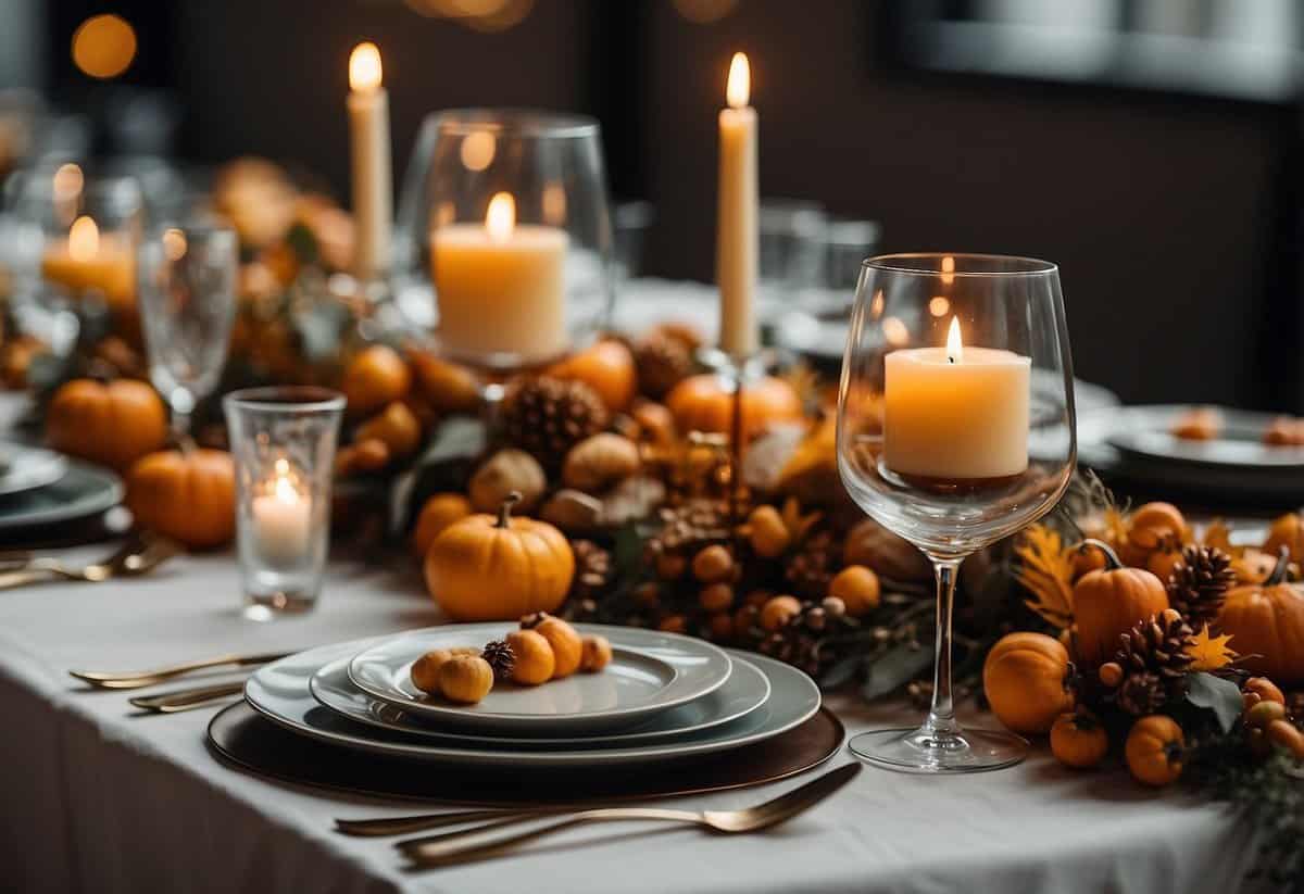A table set with elegant dishes and autumn decorations for a November wedding menu