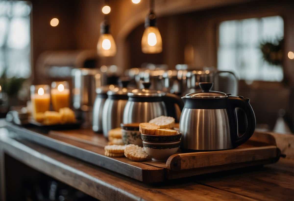 A cozy hot beverage bar at a November wedding, with steaming mugs, rustic decor, and a warm, inviting atmosphere