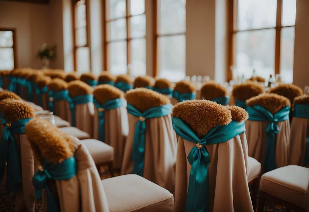 A cozy November wedding scene with blankets draped over chairs, favor bags placed on each seat