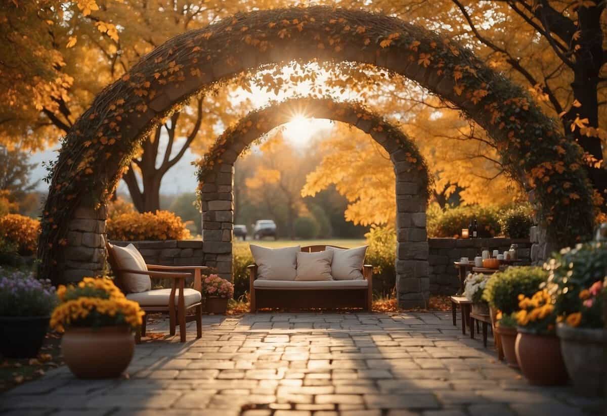 A serene outdoor setting with autumn leaves and warm sunlight, a rustic arch adorned with flowers, and a cozy seating area for guests
