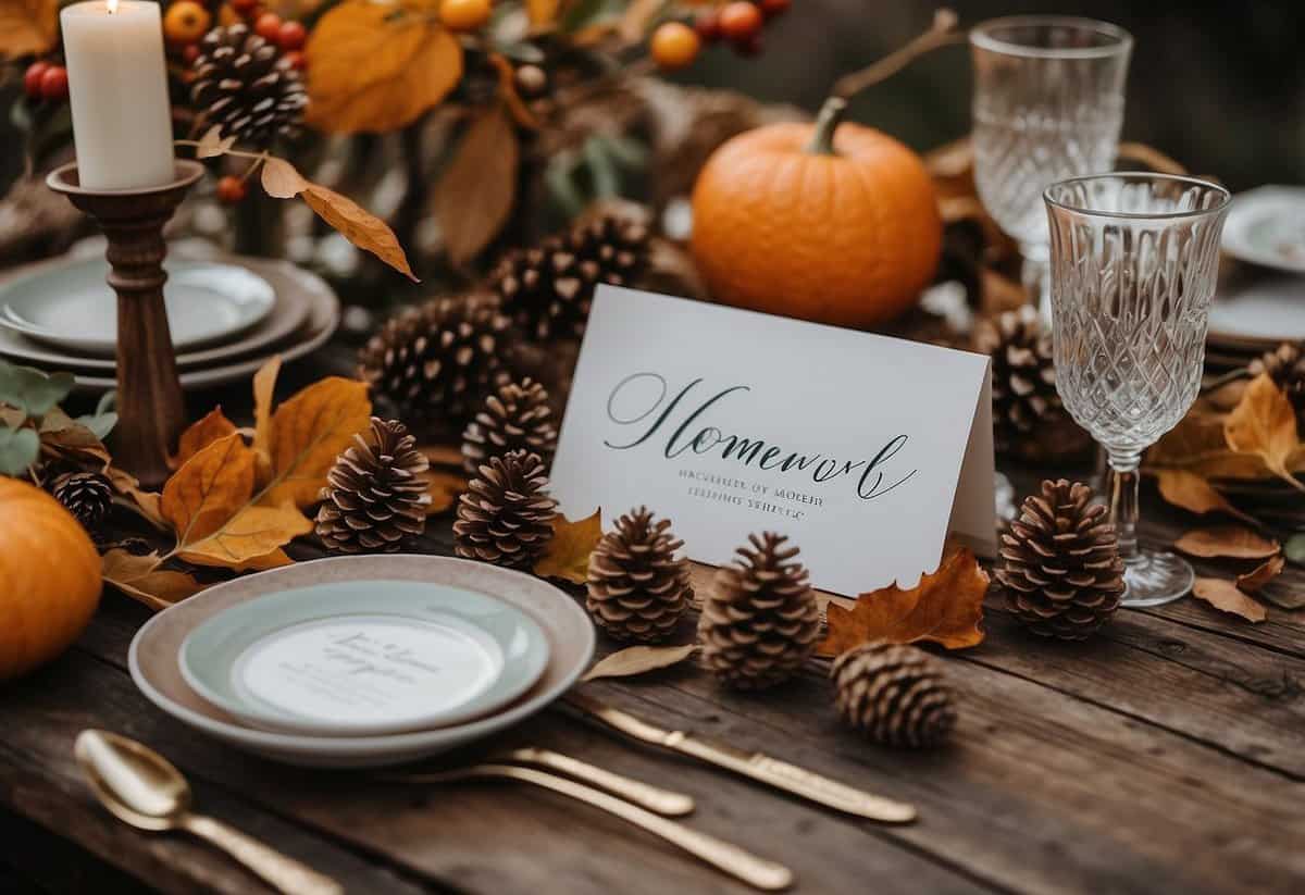 A rustic wooden table adorned with autumn leaves, pinecones, and elegant calligraphy invitations for a November wedding