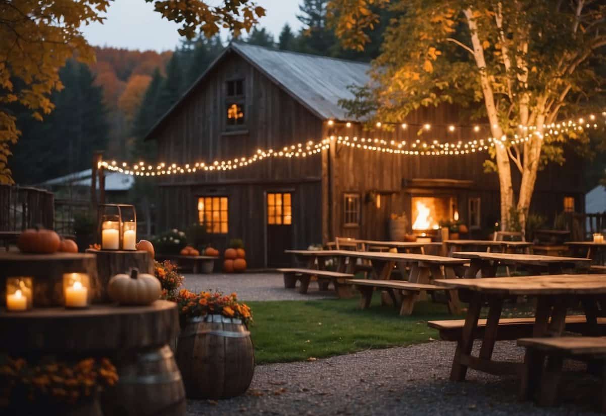 A picturesque outdoor venue with autumn foliage, a charming barn, and twinkling string lights. A cozy indoor space with rustic decor and a crackling fireplace