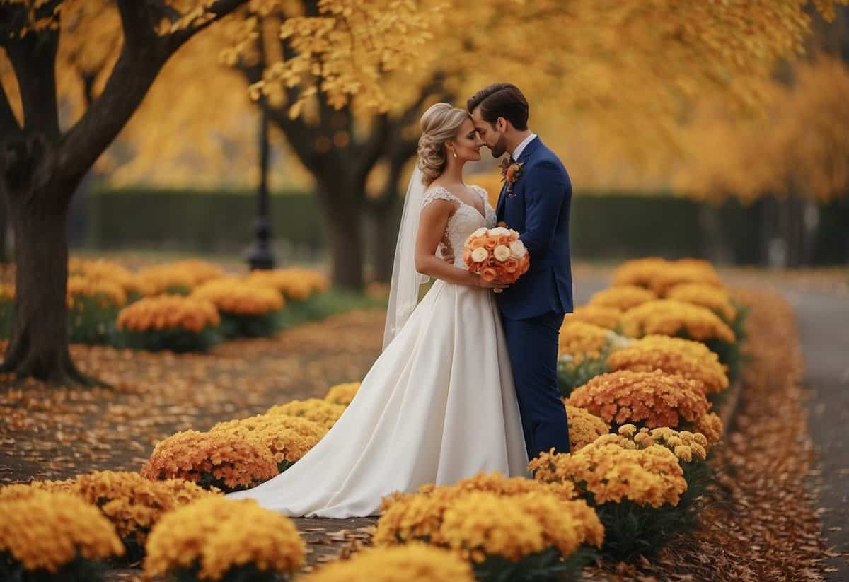 A bride and groom select seasonal flowers for their November wedding, surrounded by a variety of blooms in rich autumnal colors