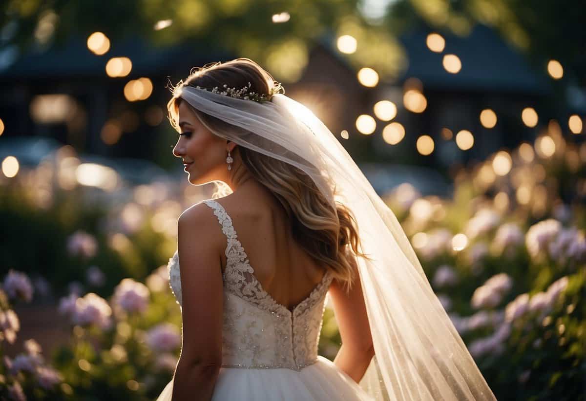 A bride's veil floats in the breeze as she walks towards her groom, surrounded by blooming flowers and twinkling lights