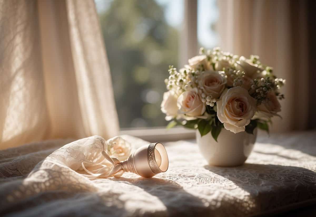 A menstrual cup sits on a lace-trimmed table next to a delicate wedding dress and bouquet of flowers. Sunlight streams through a window, casting a soft glow on the scene
