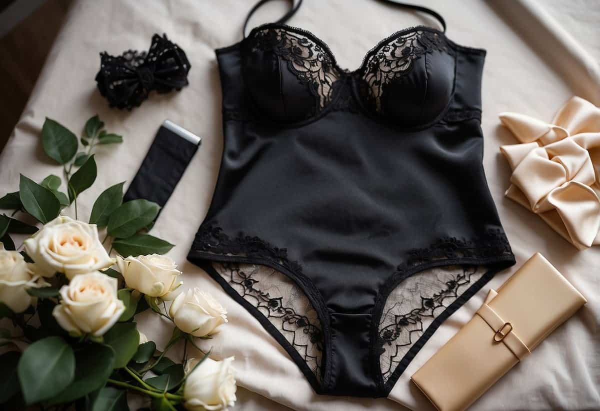 Dark undergarments laid out on a lace-trimmed table, surrounded by delicate bridal accessories