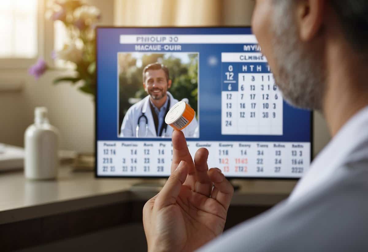 A bride holding a pill bottle, talking to a doctor, with a calendar showing the wedding date circled