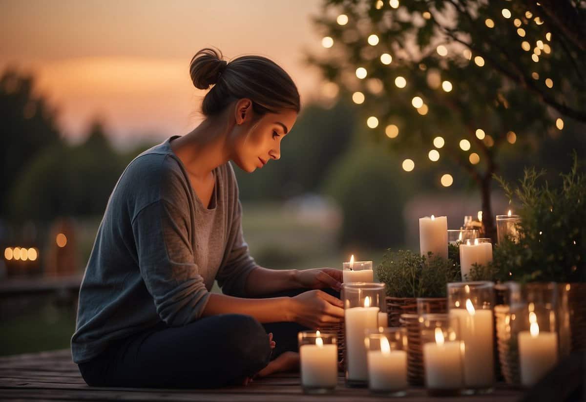 A serene setting with a person practicing deep breathing, surrounded by calming elements like candles and soft lighting