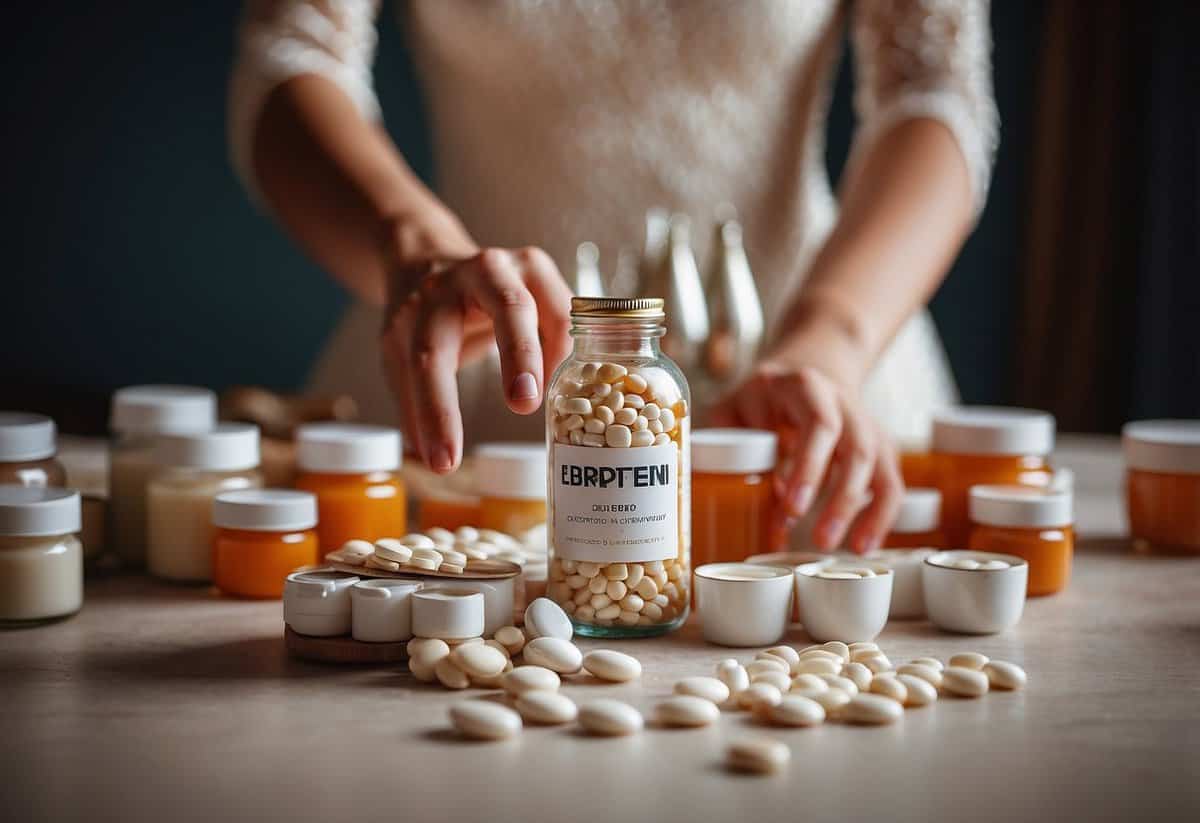 A hand reaching for a bottle of ibuprofen, surrounded by a scattered assortment of pain relievers and a wedding dress in the background