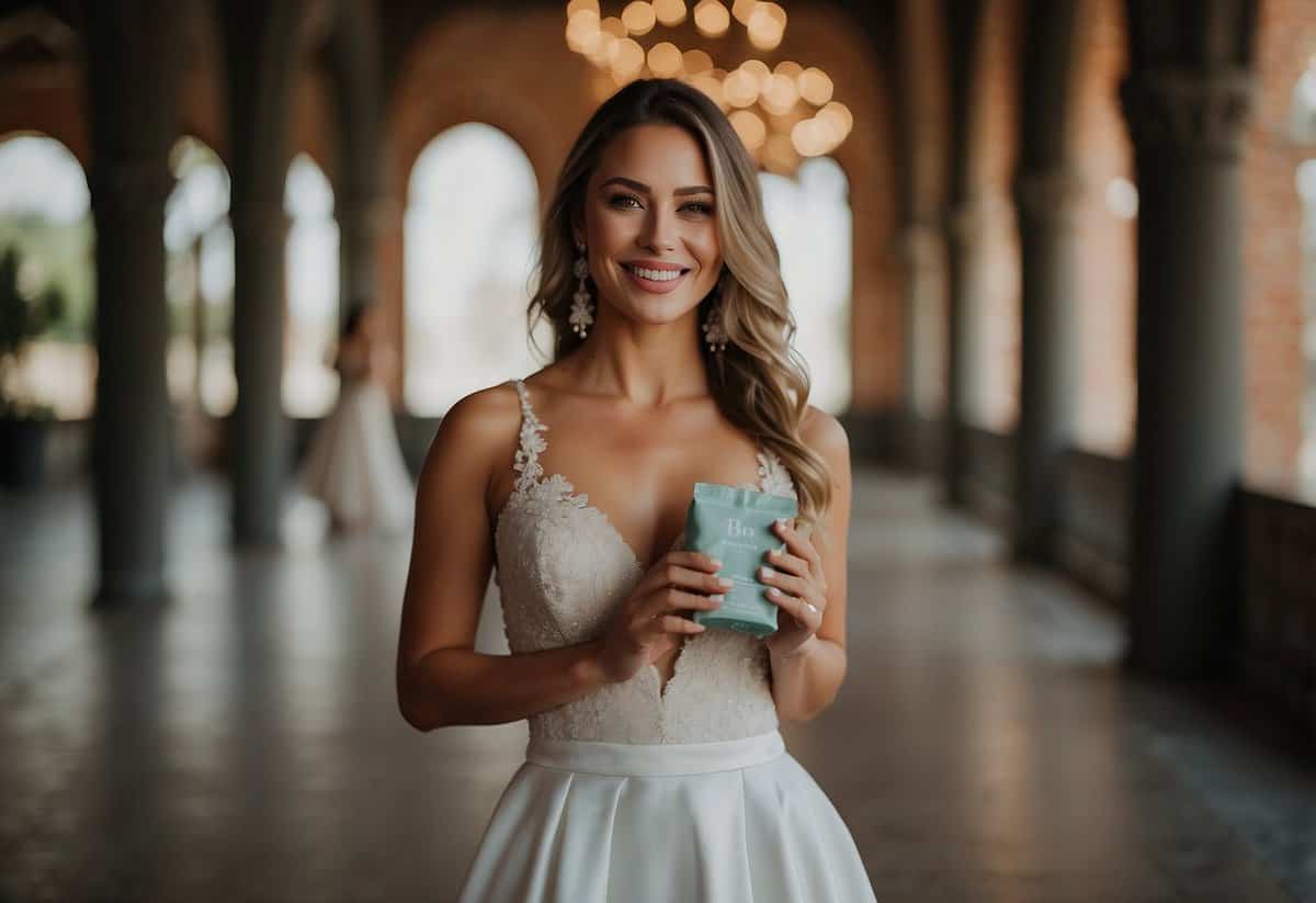 Bride holds a small bag with period supplies, takes deep breaths, and sips water while smiling