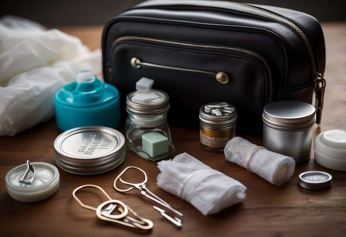 Bride's emergency kit open on a table with items like safety pins, sewing kit, stain remover, and breath mints