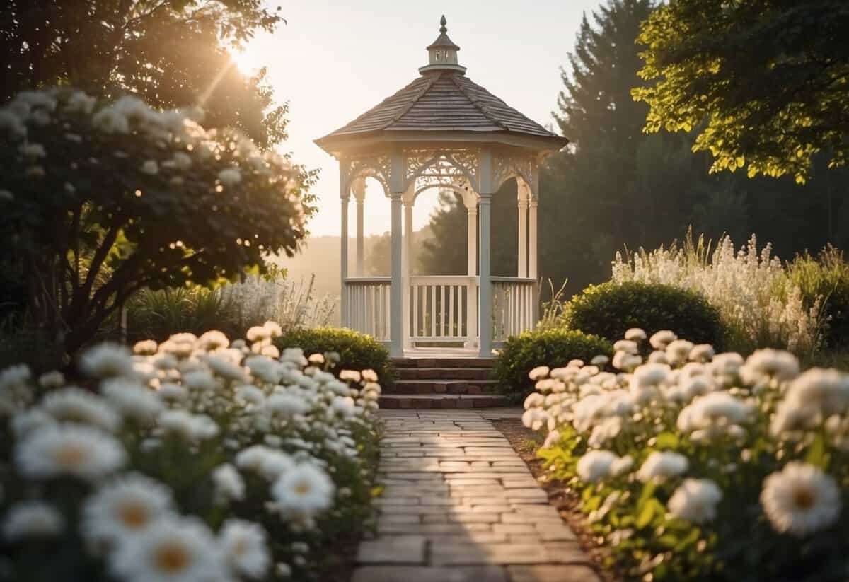 A beautiful outdoor setting with a white gazebo adorned with flowers. Soft, warm lighting creates a romantic ambiance. A gentle breeze carries the scent of fresh flowers, setting the scene for a dreamy wedding
