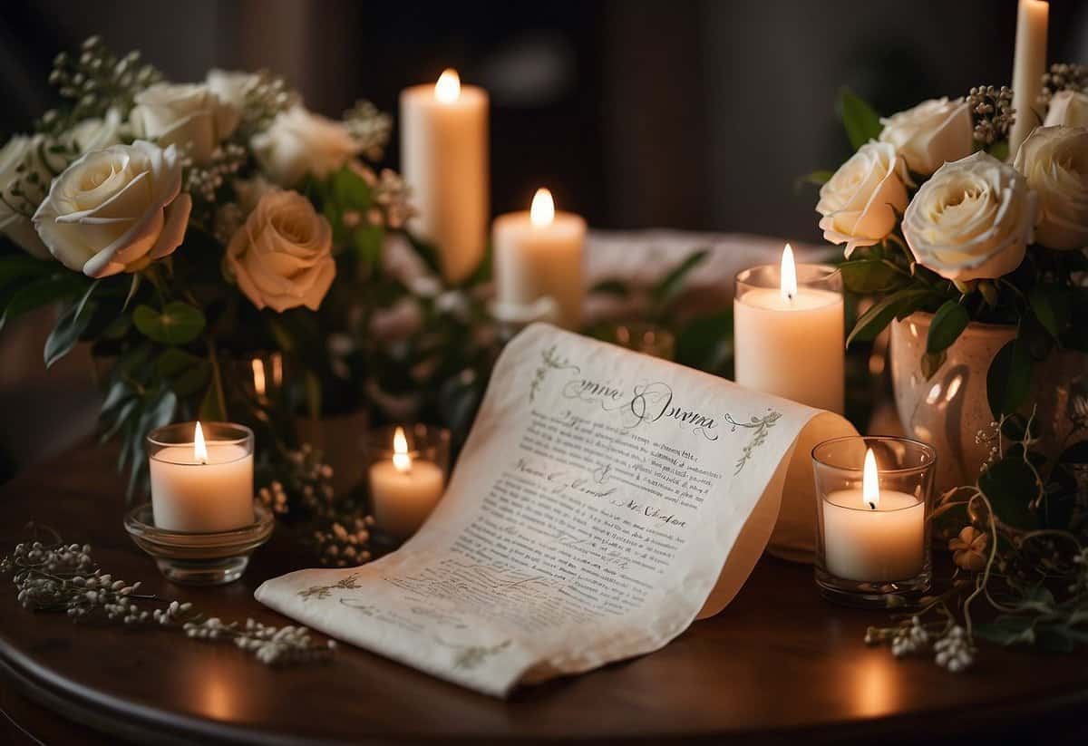 A couple's personalized vows displayed on a vintage scroll, surrounded by delicate floral arrangements and soft candlelight
