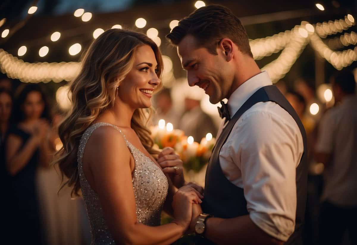 A couple dances under twinkling lights, surrounded by flowers and candles. Their eyes meet with love and joy as they share their special first dance