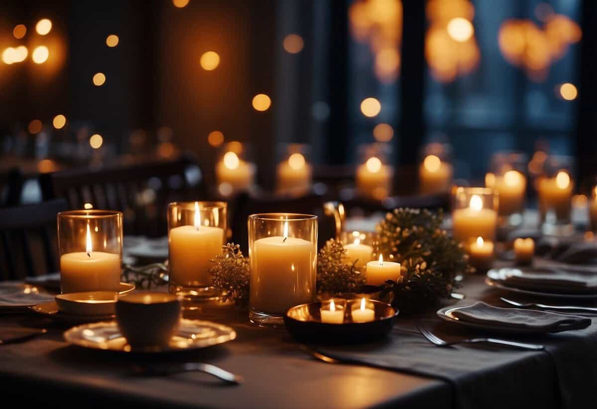 A dimly lit room with flickering candles casting a warm glow, elegant table settings, and soft music playing in the background