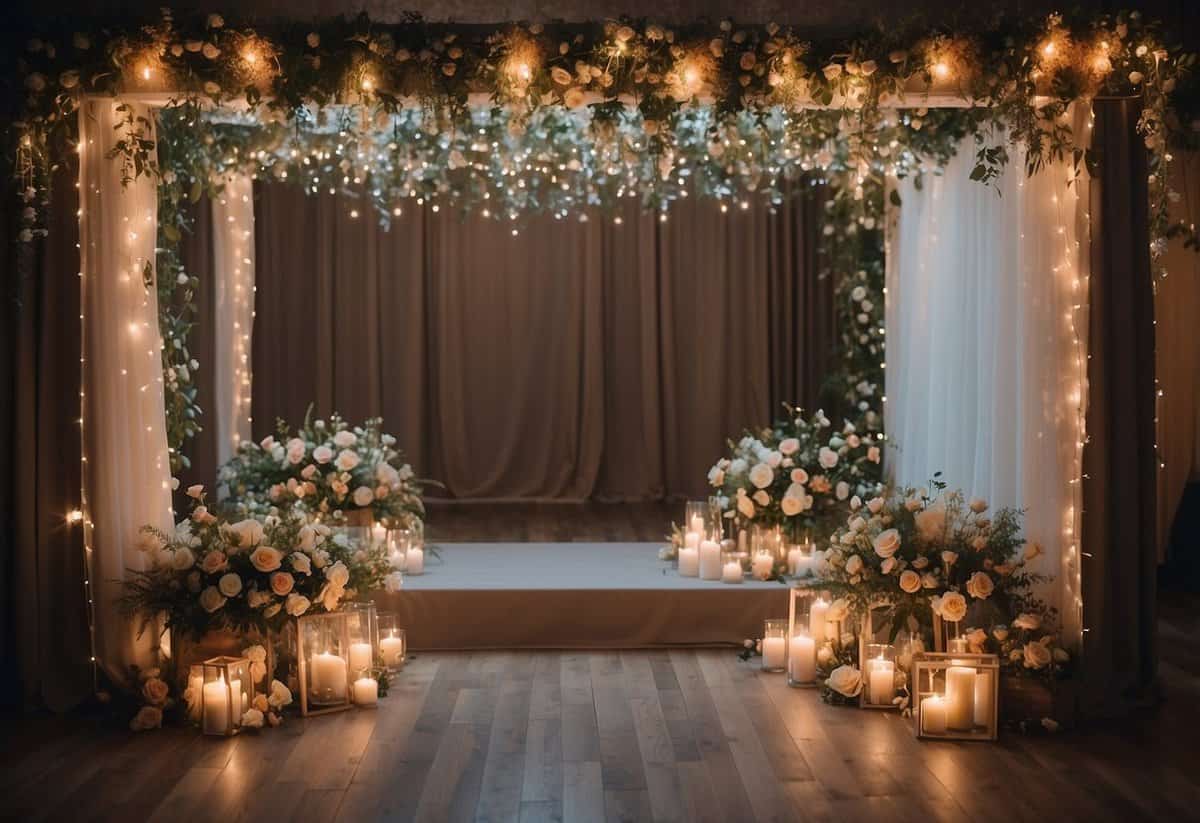 A photo booth adorned with flowers and twinkling lights, capturing the love and joy of a romantic wedding
