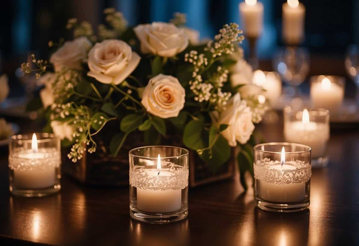 A table adorned with elegant wedding favors, surrounded by soft candlelight and delicate floral arrangements