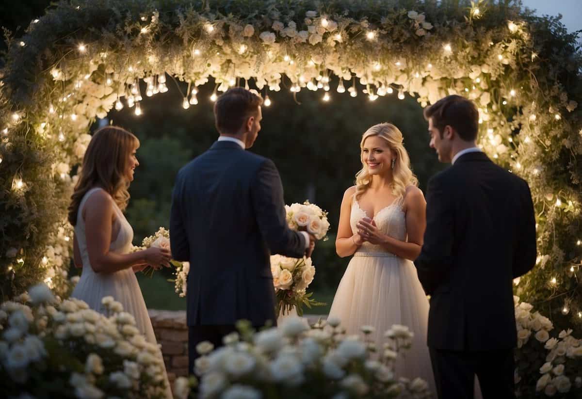 A couple exchanging vows in a garden, surrounded by twinkling lights and blooming flowers, as a string quartet plays a surprise performance