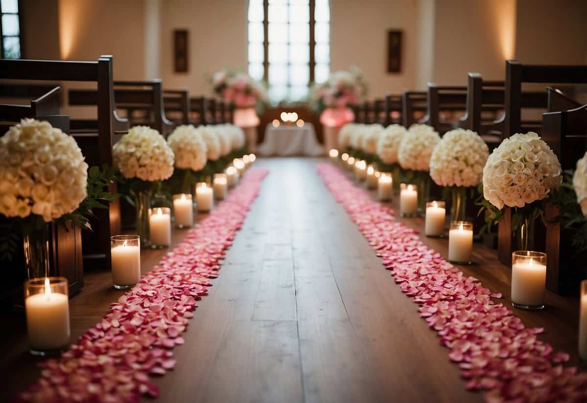 Aisle lined with rose petals, leading to a romantic wedding altar