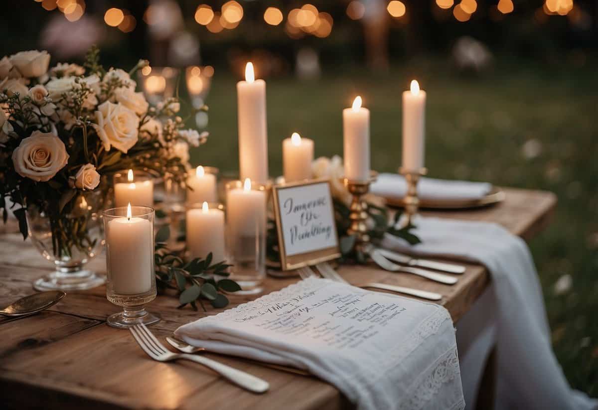 A table set with candles, flowers, and a love song playlist. A wedding dress hangs nearby, and a sign reads "romantic wedding tips."