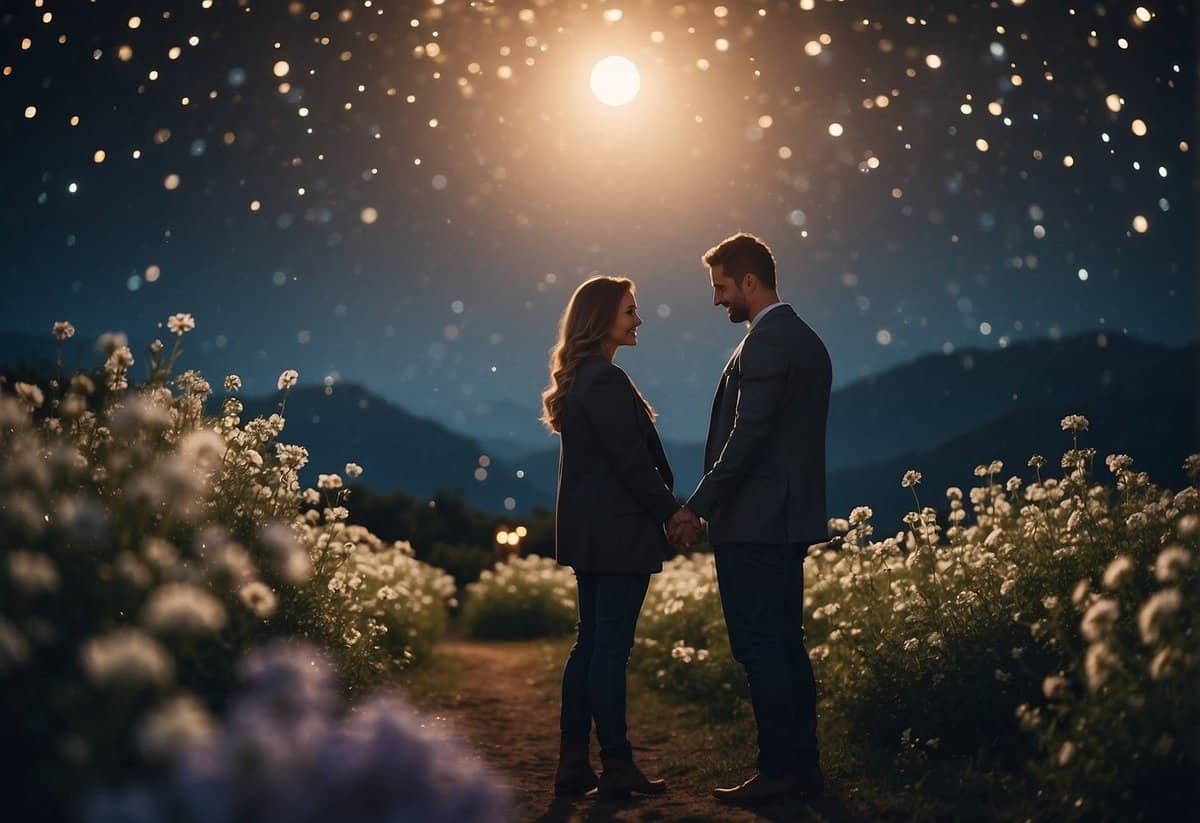 A couple stands under a moonlit sky, surrounded by twinkling lights and flowers, as they share a tender embrace before their send-off