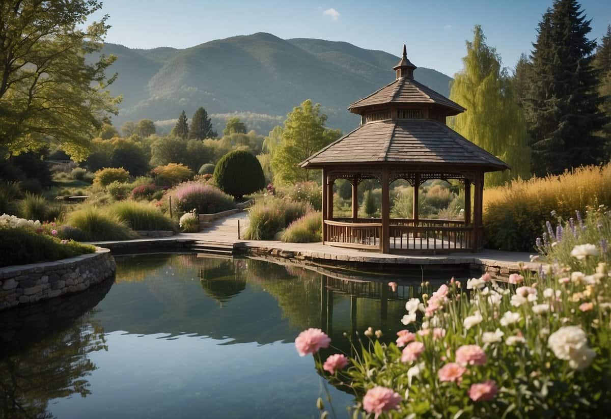 A picturesque garden with blooming flowers and a charming gazebo, set against a backdrop of rolling hills and a serene lake