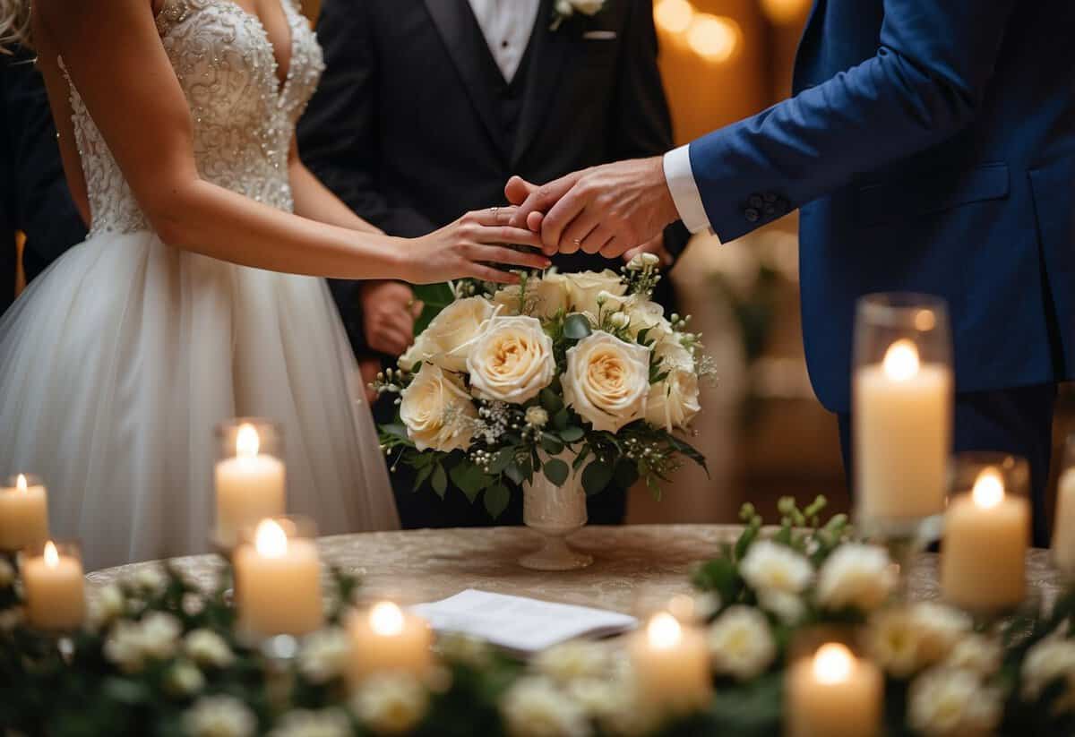 A bride and groom exchanging handwritten vows, surrounded by delicate floral arrangements and soft candlelight