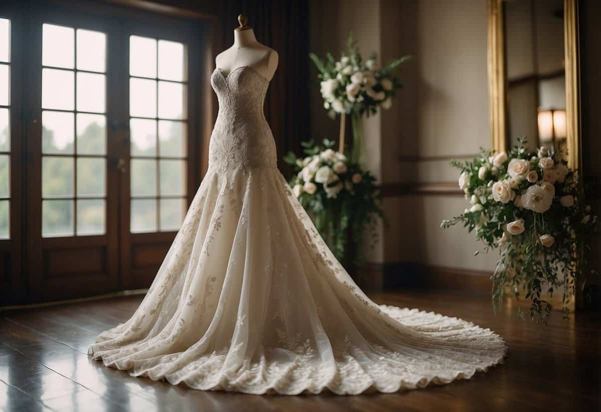 A strapless wedding dress hangs on a hanger, adorned with delicate lace and sparkling embellishments. The soft, flowing fabric cascades to the floor, creating an elegant silhouette