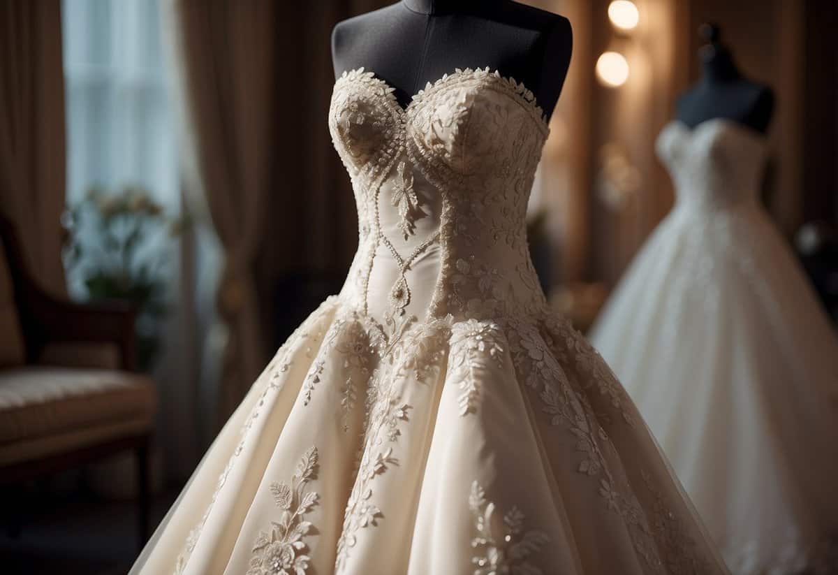A strapless wedding dress with a sweetheart neckline hangs on a mannequin, adorned with delicate lace and intricate beading