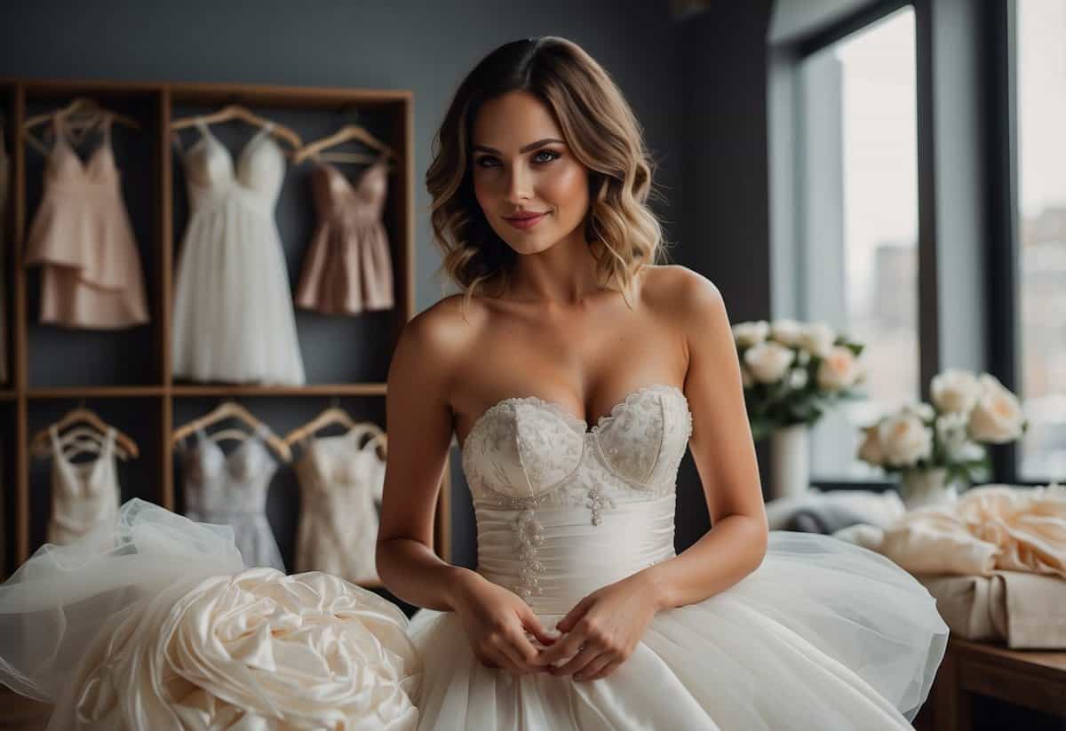 A bride holds a strapless wedding dress, surrounded by various undergarments. She carefully selects the right strapless bra and seamless underwear
