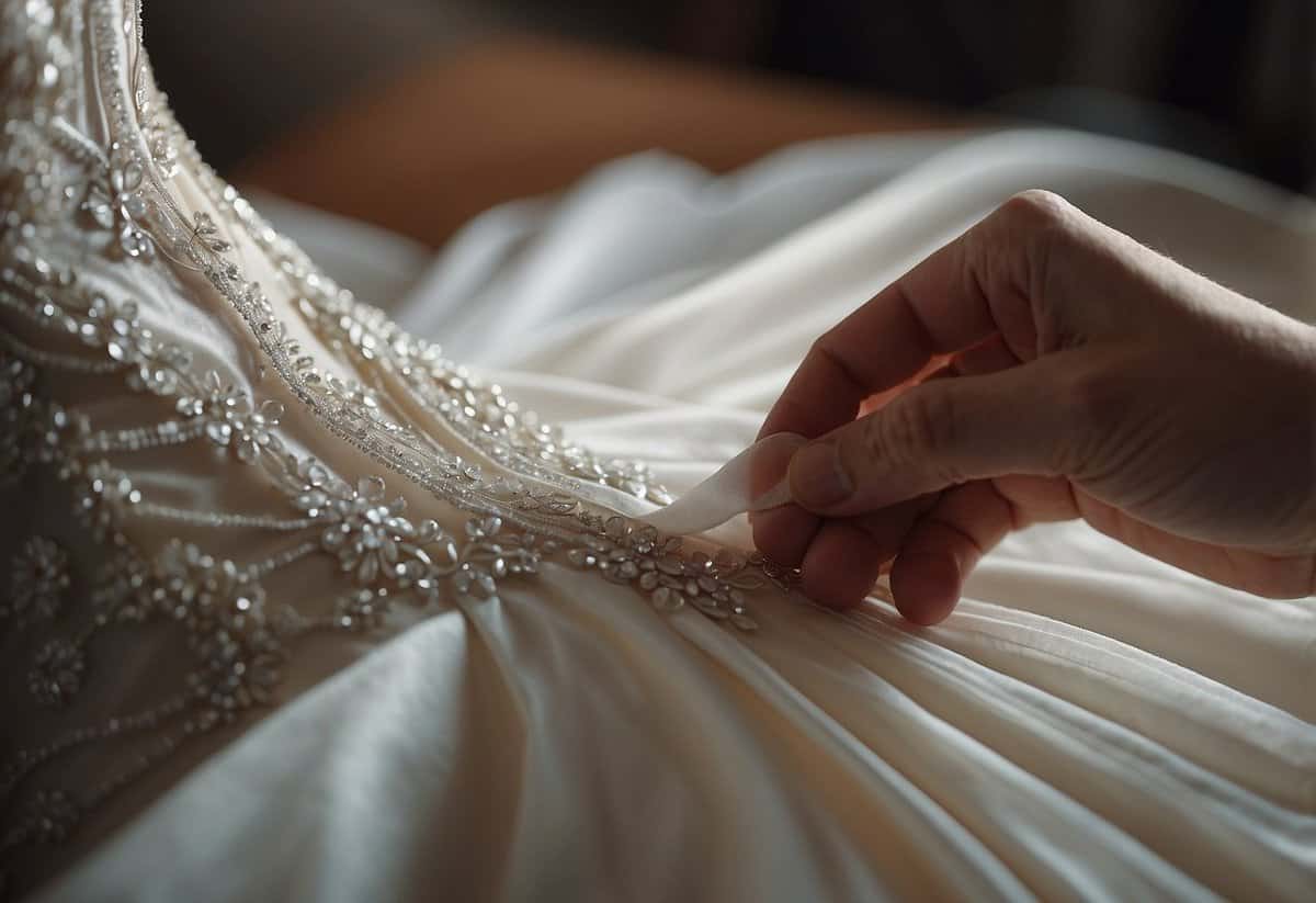 A hand applies fashion tape to secure a strapless wedding dress