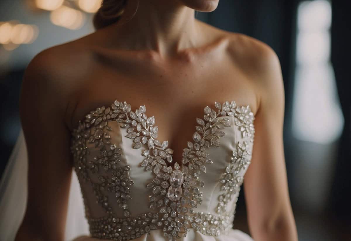 A strapless wedding dress being tried on multiple times