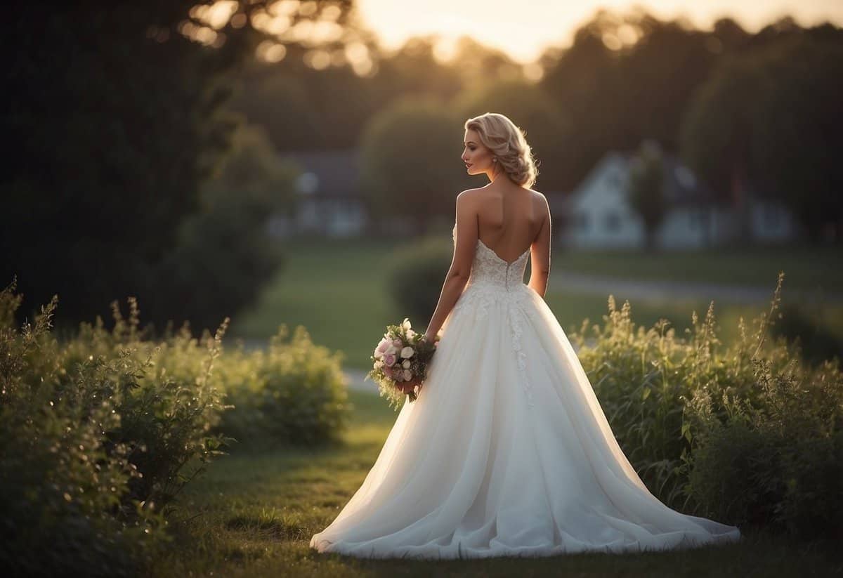 A bride standing tall in a strapless wedding dress, shoulders back, head held high, exuding confidence and grace