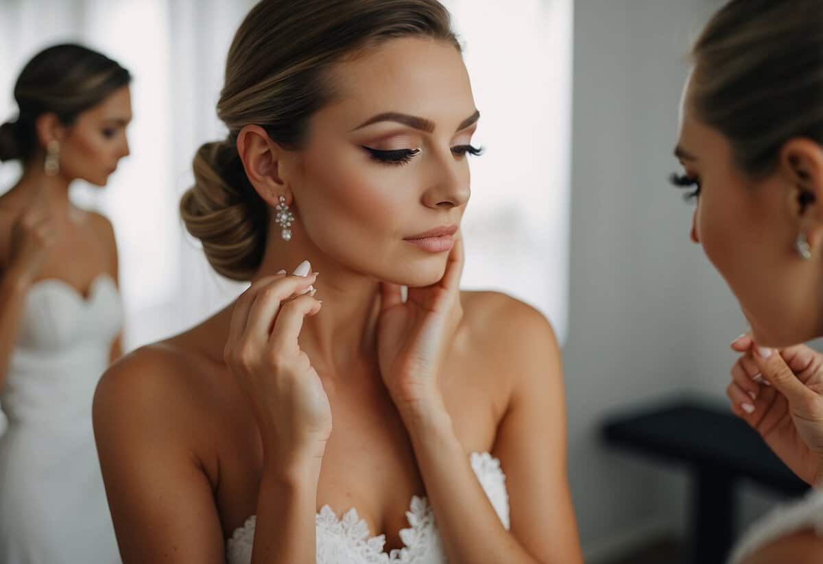 A bride applying oil-free makeup before putting on a strapless wedding dress
