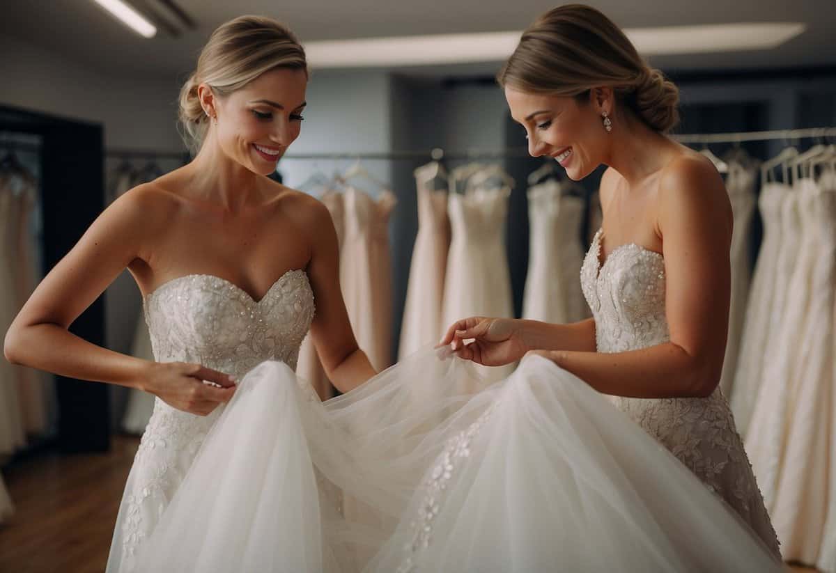 A bride carefully selects a strapless wedding dress from a rack of gowns. She examines the fabric and design with a smile