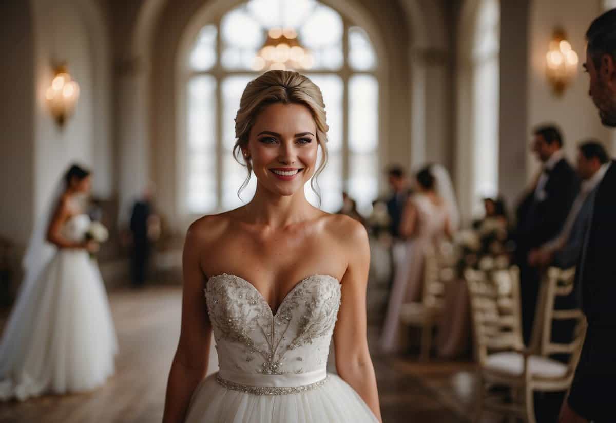 A bride stands in a strapless wedding dress, adjusting the neckline. She smiles as she follows tips for a secure and comfortable fit