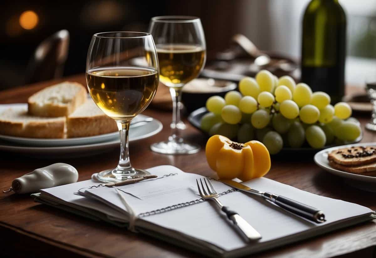 A table set with various dishes, glasses of wine, and a notepad for taking notes. An elegant atmosphere with soft lighting and decorative accents