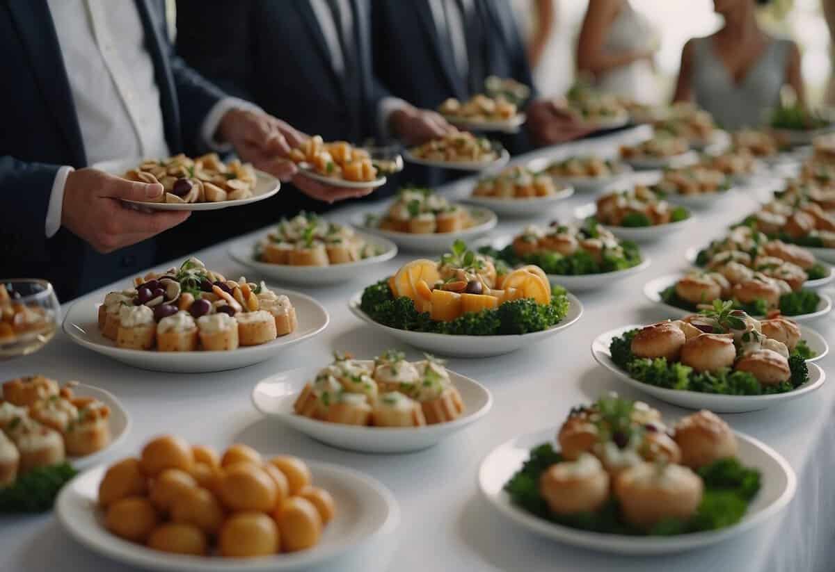 Various caterers present wedding food samples on elegant platters. Guests compare flavors and presentation, taking notes and discussing options