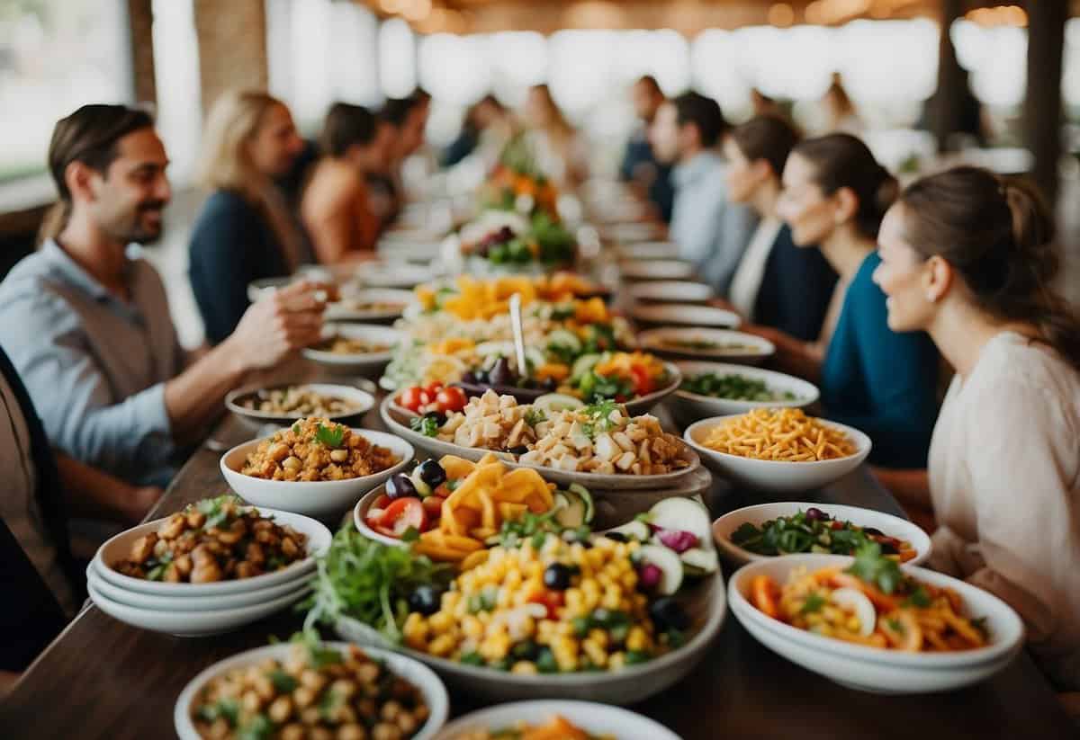 A table set with colorful vegetarian dishes, surrounded by eager wedding guests sampling and savoring the different options