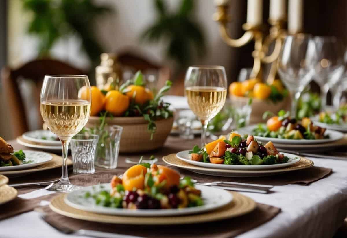 A table set with various plates of food, surrounded by elegant place settings and decorative centerpieces. A couple sits across from each other, sampling different dishes and discussing their preferences