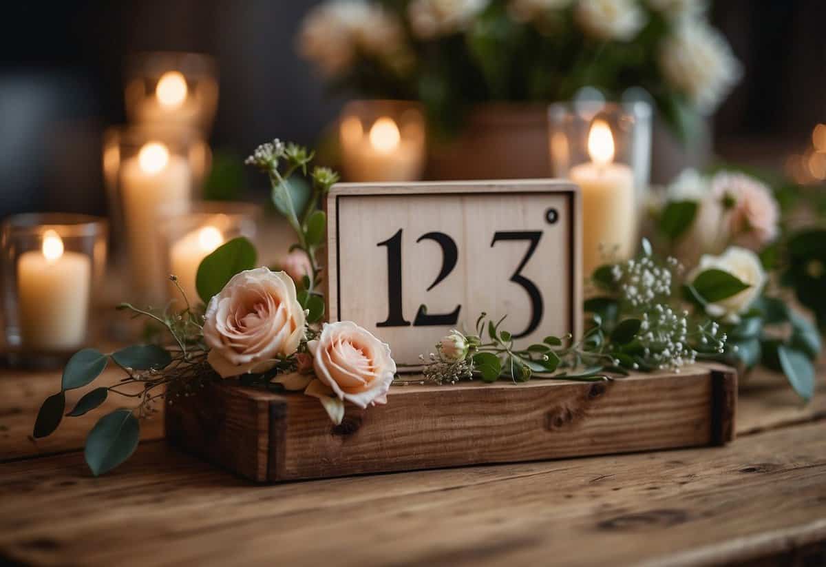 A set of rustic wooden table numbers arranged on a weathered table, surrounded by delicate floral centerpieces and soft candlelight