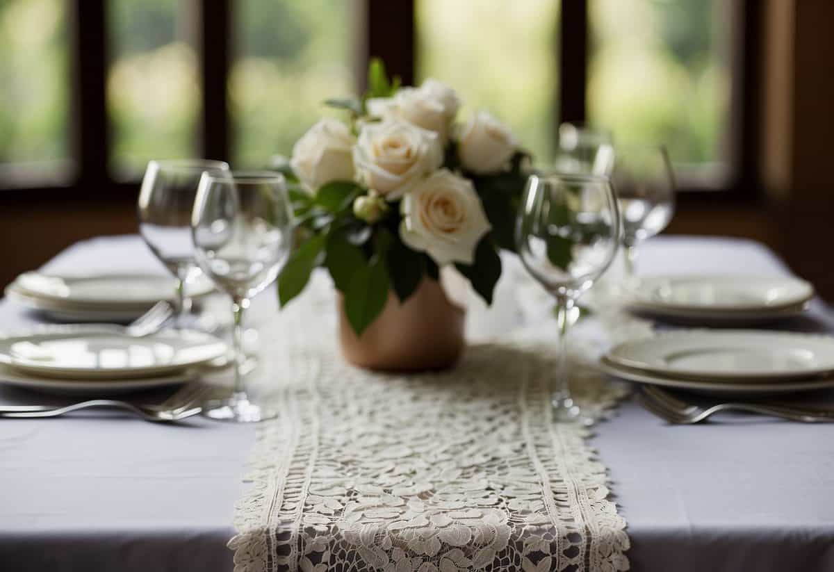 An elegant lace table runner adorns a beautifully set wedding table, adding a touch of sophistication and romance to the decor