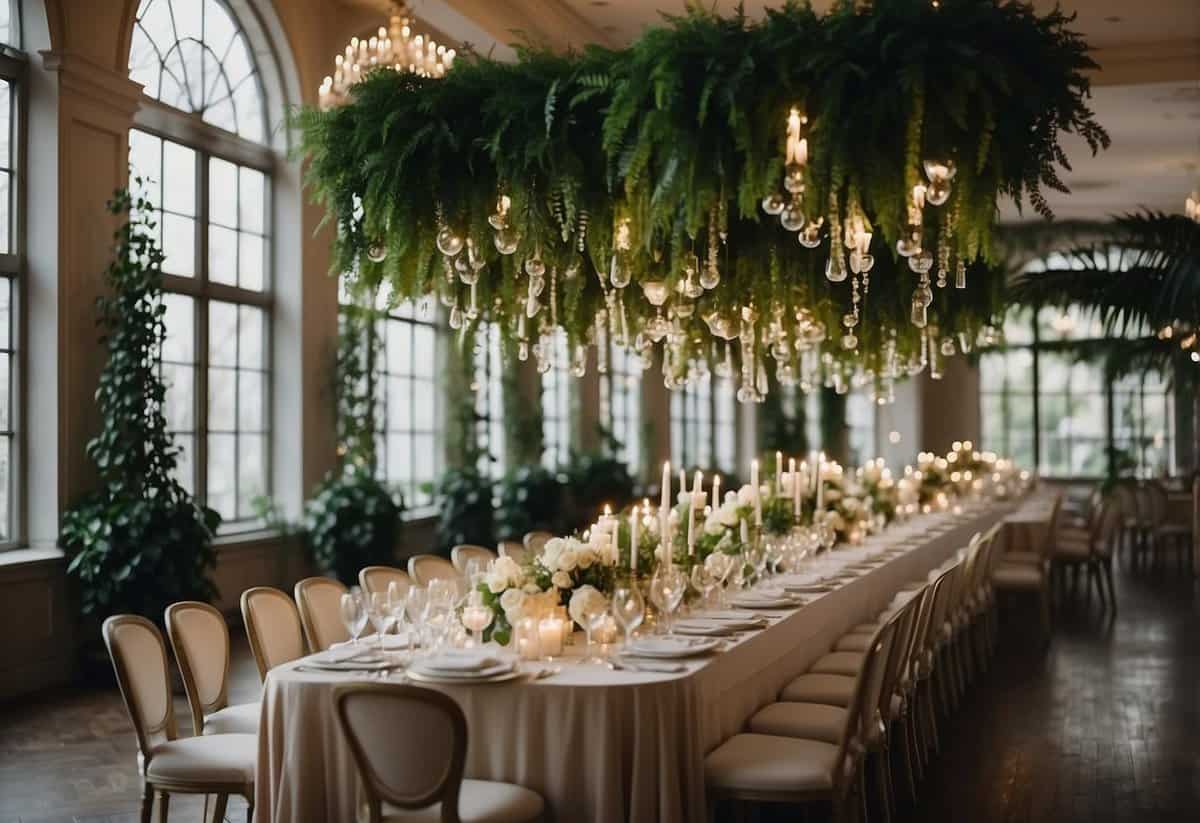 Lush greenery cascades from overhead chandeliers, adorning wedding tables with natural elegance