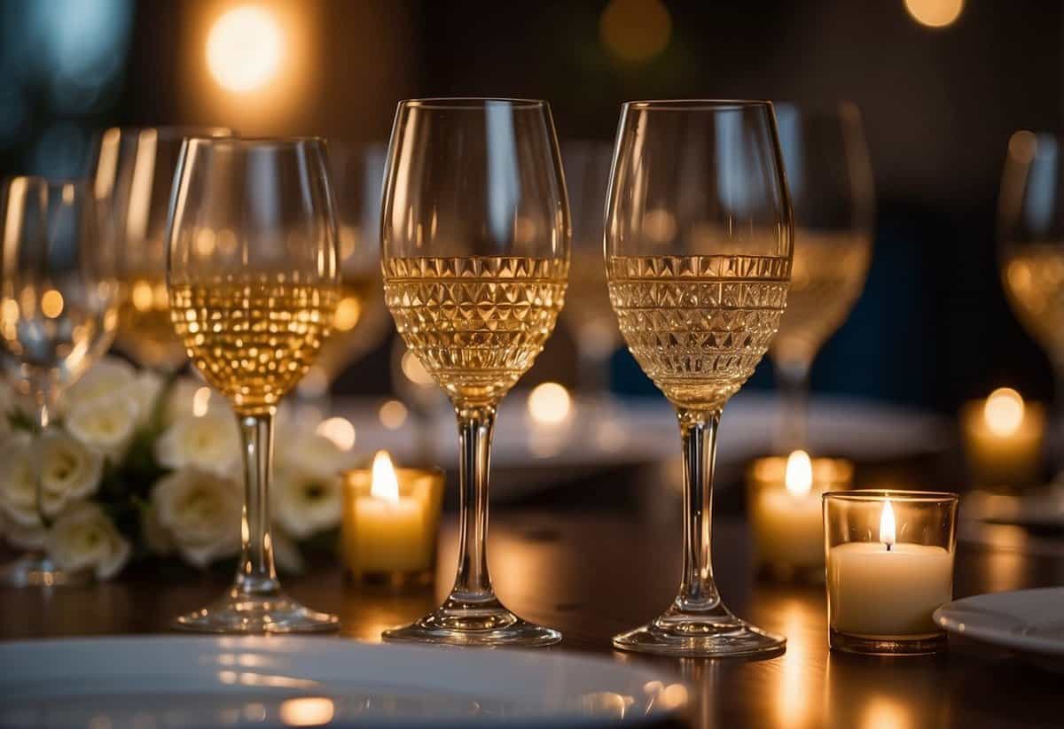 Gold-rimmed glassware arranged in a symmetrical pattern on a wedding reception table, catching the soft glow of candlelight