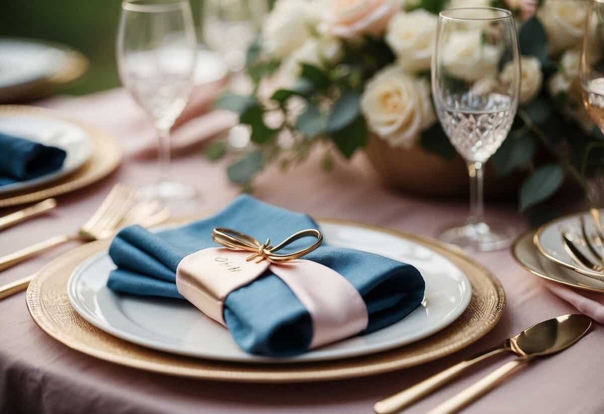 A beautifully set wedding table with personalized napkin rings, matching the color scheme and adding a touch of elegance to the decor