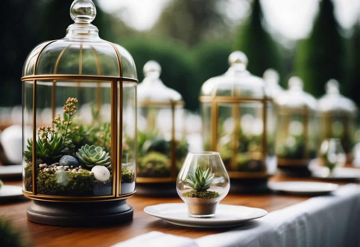 Geometric terrariums arranged on wedding tables with chic decor